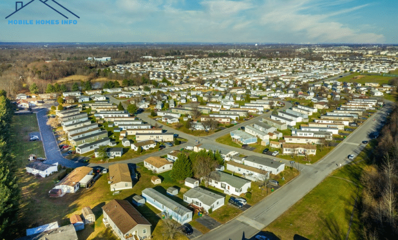 Aerial view of a large mobile home park with rows of homes and intersecting roads.