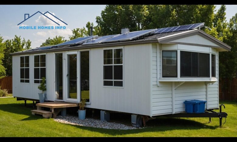 A white mobile home with solar panels on the roof, set on a grassy lawn with trees in the background.