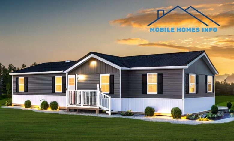 A modern mobile home with a gray exterior in front of a sunset sky.