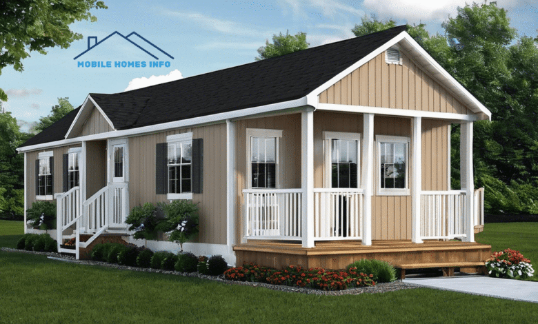 A beige mobile home with a white-trimmed porch and surrounding garden.