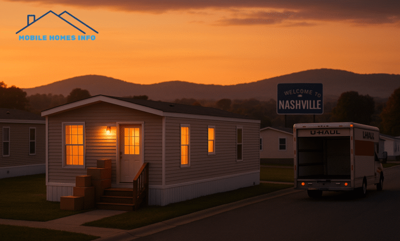 Mobile home at sunset with moving boxes and a U-Haul truck, set against hills and a "Welcome to Nashville" sign.